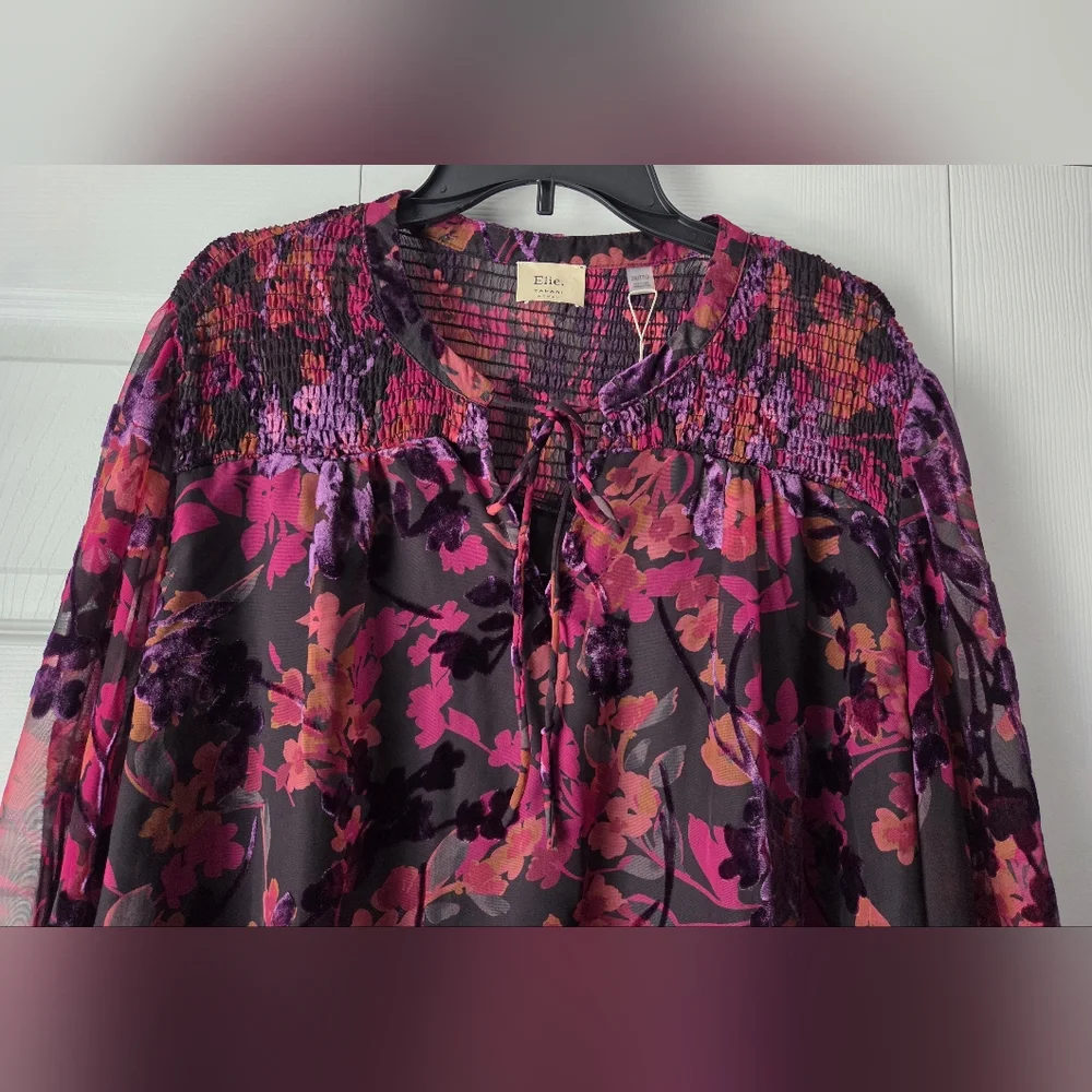 NWT Elie Tahari Woman Floral Tie-Neck Blouse - Pink/Magenta Size 2X